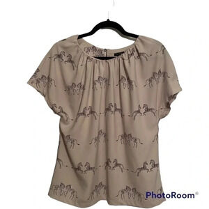 Ann Taylor Gray Short Sleeve Blouse Zebra Design Button Closure Small Career S